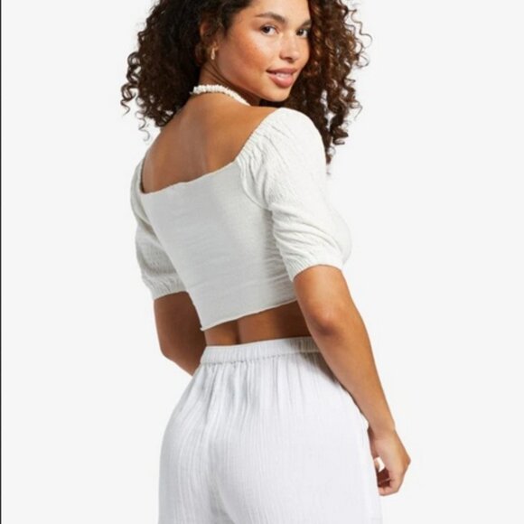 Roxy Flirty Walk Top Ruched Cropped Smocked Short Sleeve Blouse S - Picture 2 of 6